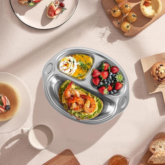 Mrs. Chou® Stainless Steel Baby Suction Plates: Divided Plates for Babies & Toddlers, BPA-Free, Dishwasher Safe, Red