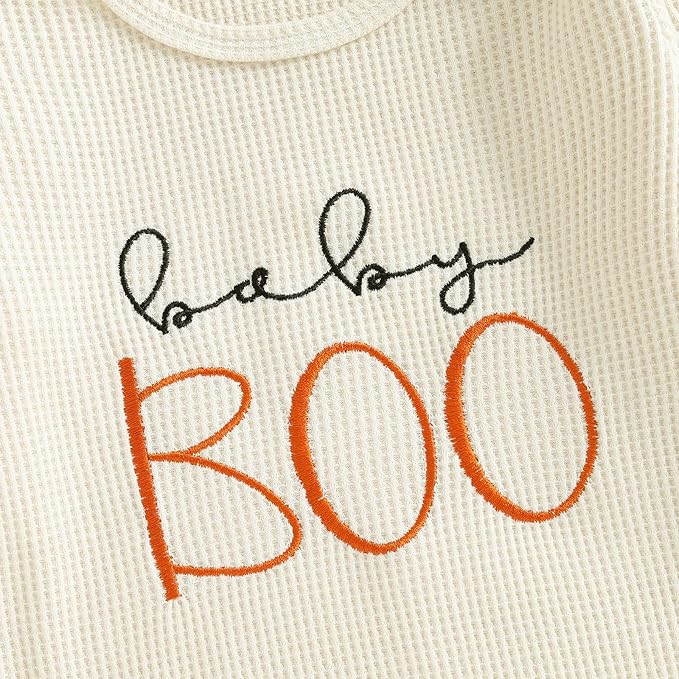 Newborn Infant Baby Boy Halloween Outfit Little Pumpkin Embroidery Romper Waffle Knit Long Sleeve Jumpsuit with Hat