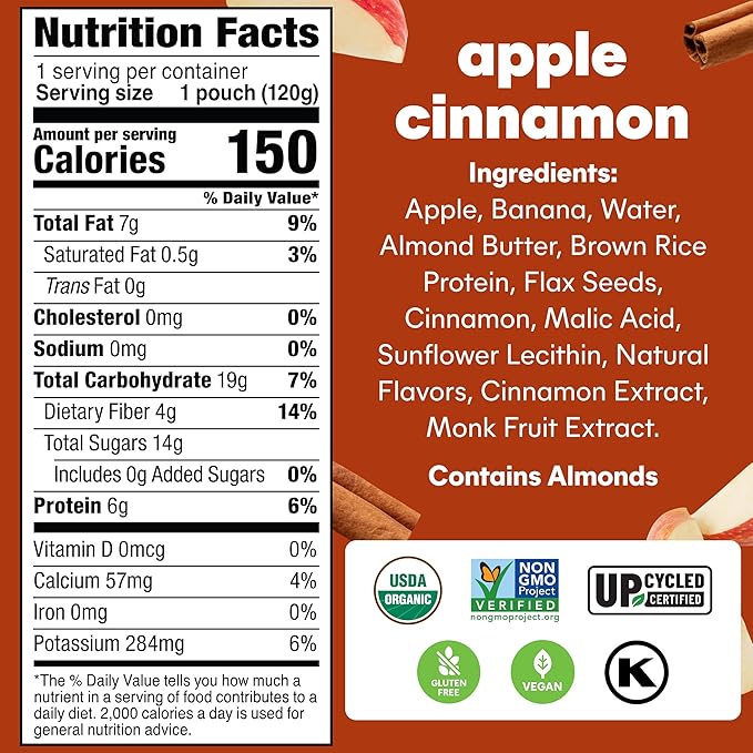 Noka Superfood Fruit Smoothie Pouches, Organic Applesauce Pouches with Apple, Cinnamon & Almond Butter, Healthy Snacks with Organic Fruits, Plant Protein, Fiber & Flax Seed, 4.22 oz (Pack of 12)