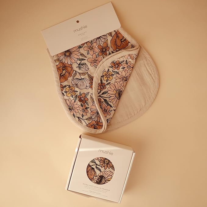 mushie Muslin Baby Burp Cloths | 100% Organic Cotton, Set of 2 (Retro Flowers/Fog)