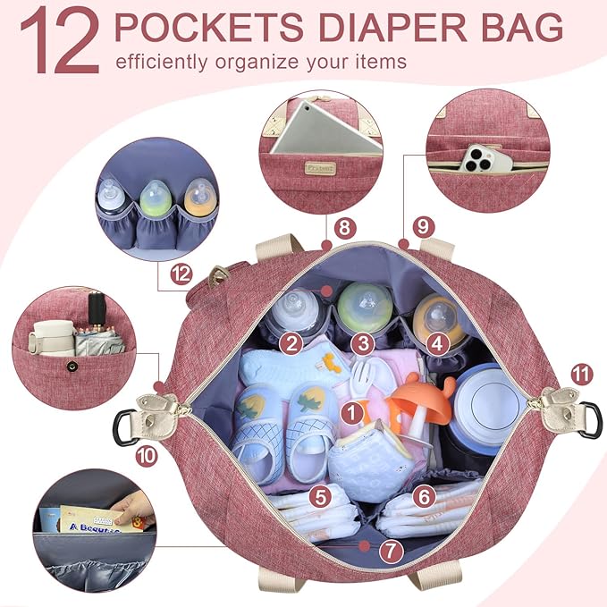 Pritent Diaper Tote, Baby Bags with Pacifier Case, Shoulder Straps, Stroller Clips, Waterproof Mommy Bag - Medium, Pink