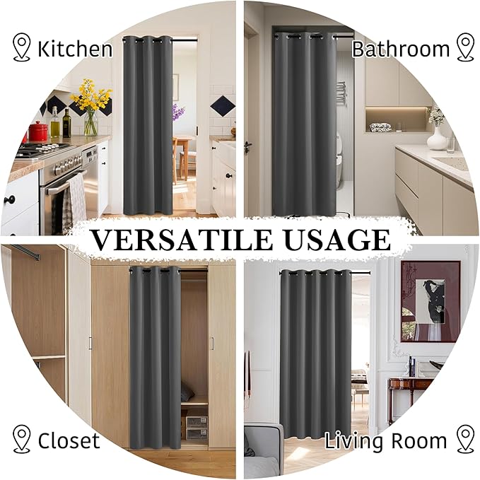 RYB HOME 100% Blackout Doorway Curtains, Closet Curtain for Open Closet, Privacy Room Divider Drape for Bedroom/Temporary Door, 1 Panel, W42 x L80, Grey