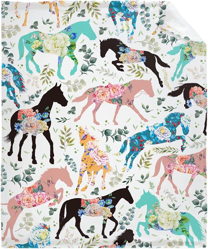 Colorful Floral Horse Throw Blanket for Women Men Flowers Animals Blanket Gifts for Adults Cute Horse Lightweight Blanket 60X80 Inches for Bed All Season