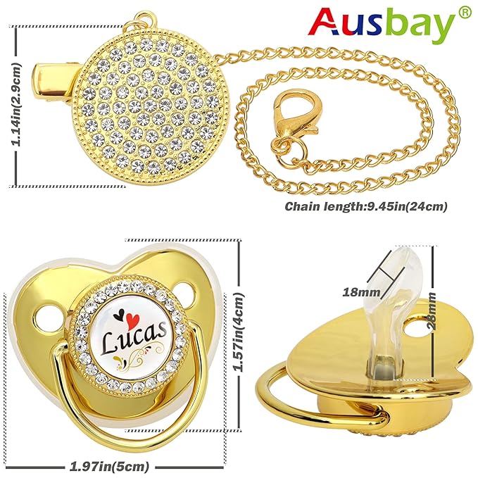 Personalized Pacifier Set with Name, BPA Free, Bling Gold Silver Pink Rose Gold Luxurious Ideal Gift for Newborns (Black)