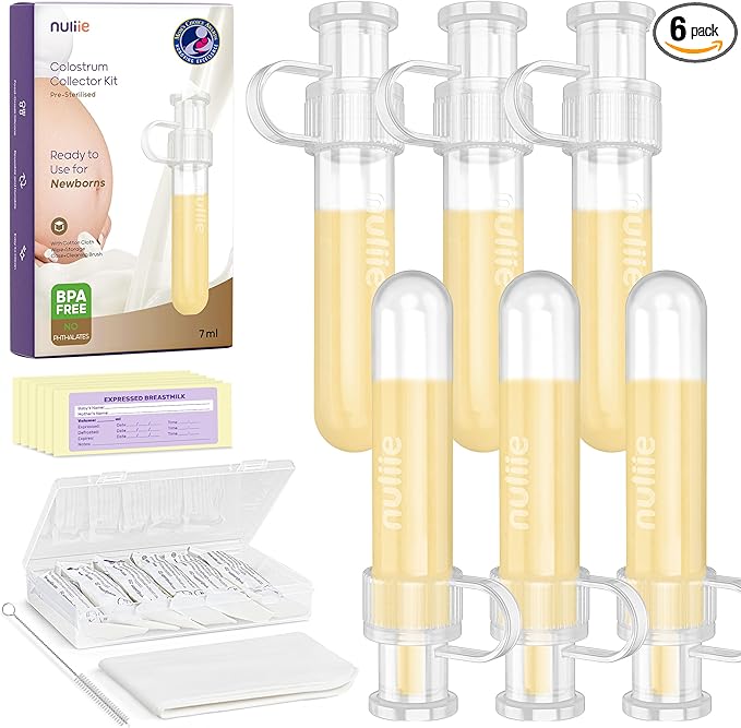 Nuliie Colostrum Collector Kit 7ml/6pcs, Leakproof, Reusable Breast Milk Collector, Heat & Freezer Resistant, BPA-Free, With Cotton Cloth Wipe, Storage Case, Cleaning Brush - Ready-to-Use for Newborns
