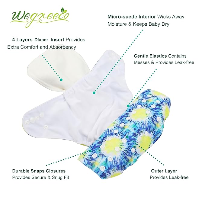 wegreeco Cloth Diapers 6 Pack with 6 Inserts & 1 Wet Bag, Washable Cloth Diapers for Babies, One Size Adjustable Reusable (Tie-dye)