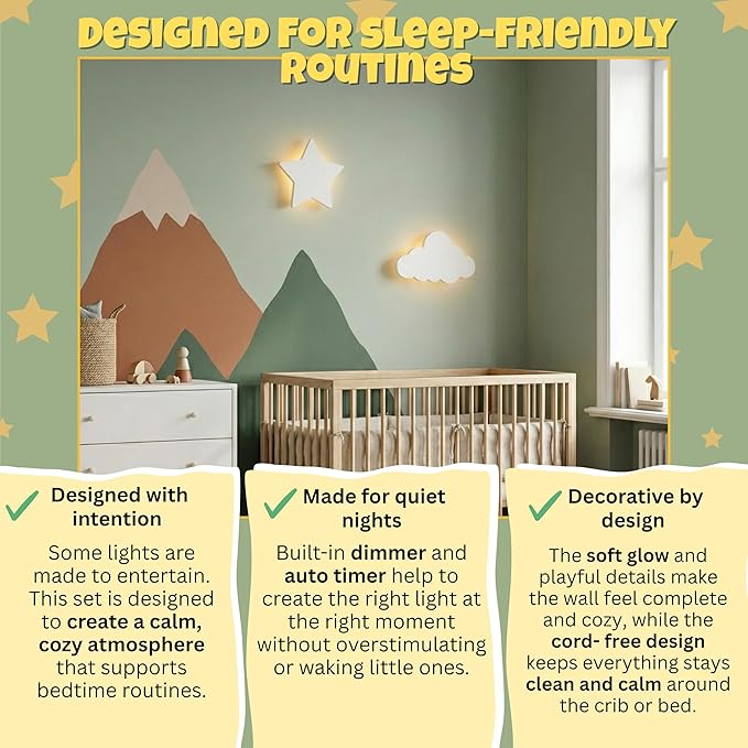KALEOLI Cloud & Star Wall Lights 2 Pack - Dimmable & Rechargeable Nursery Night Lights for Kids & Baby Room Decor - Made for Bedtime Routines (Star Decals Included)