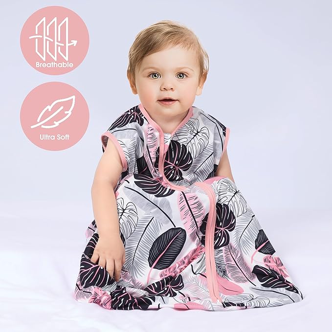Baby Sleep Sack 12-18 Months 3 Pack Baby Wearable Blanket 100% Rayon Cotton 2-Way Zipper Toddler Sleeping Sack .Comfy Soft Lightweight TOG 0.3 (Banana&Flower&Pink,)