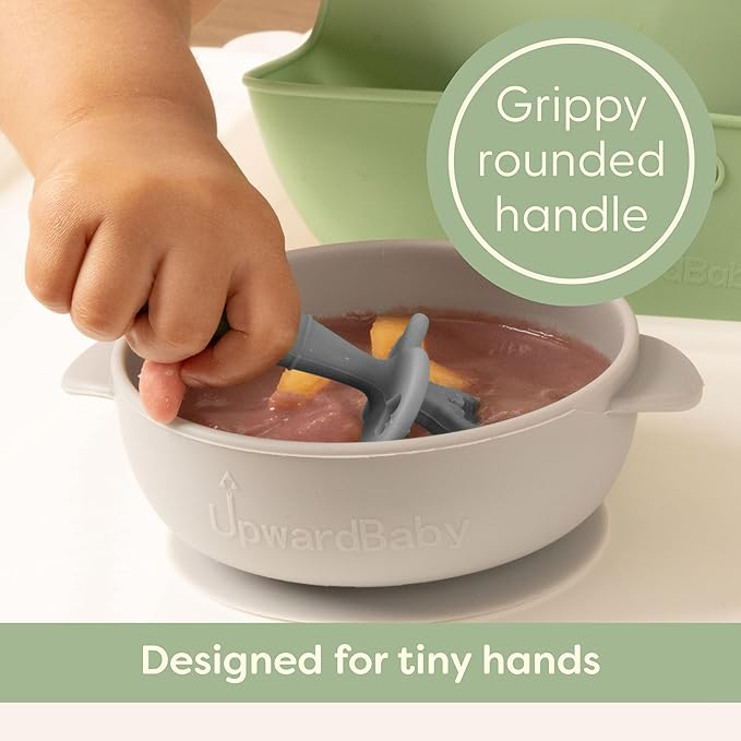 UpwardBaby Silicone Baby Spoons - 3-Pack, Mint/Beige/Grey - Self Feeding 6-12 Months with Anti-Choke Barrier & Textured Grippy Tips - Baby LED Weaning Utensils & Infant Feeding Spoons