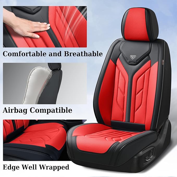 Coverado Seat Covers, Car Seat Covers Front Seats, Leather Seat Covers for Cars, Automotive Seat Covers Car Seat Protector Car Seat Cushion Universal Fit for Most Sedans SUV Pick-up Truck(Black&Red)