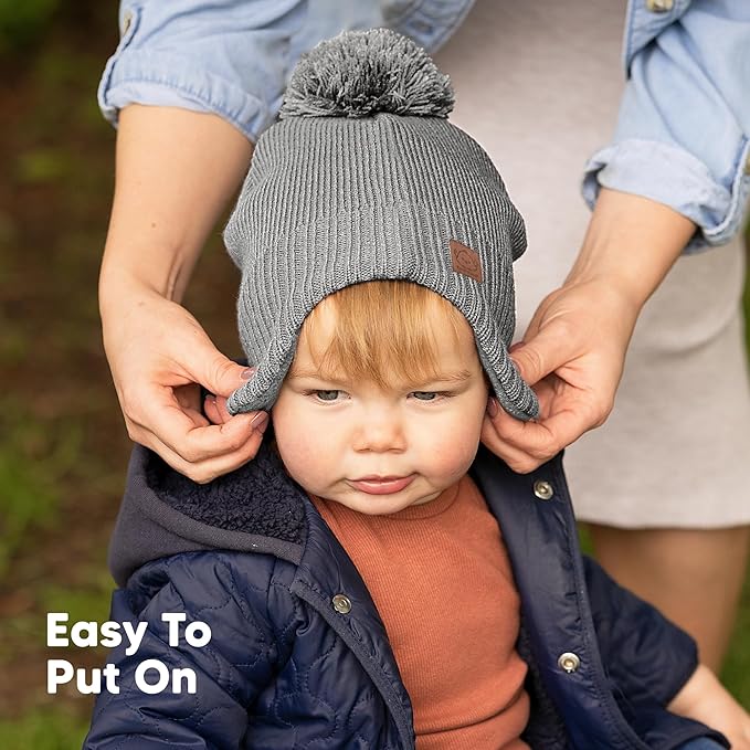 Baby Beanies, Baby Hats for Boys, Girls - Cute Toddler Winter Hat, Soft & Stretchy Beanies for Infant, Newborn 0-6 Months, Cozy & Warm with Earflap Muff & Pom (Gray, S)