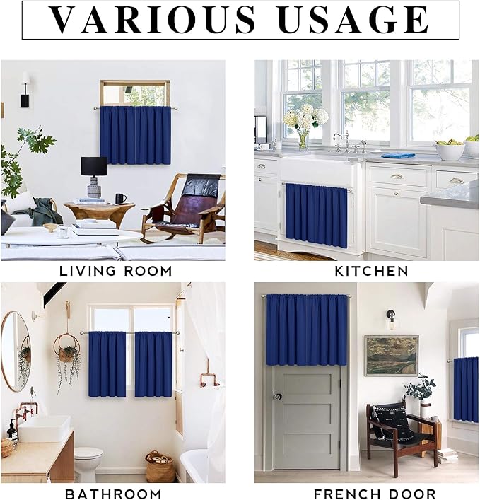 RYB HOME Basement Bathroom Kitchen Cafe Blackout Privacy Curtains, Short Insulating Light UV Heat Blocking Privacy Curtain Tiers for Laundry Room, Width 34 by Length 30, Marine Blue, 2 Panels