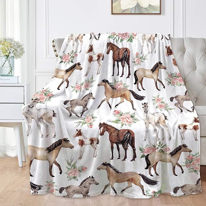 Horse Rose Blanket for Boys Girls, Flowers Kids Throw Blanket Gift for Child, Fluffy Cozy Soft Lightweight Blankets for Bed Office, 40x50 Inches