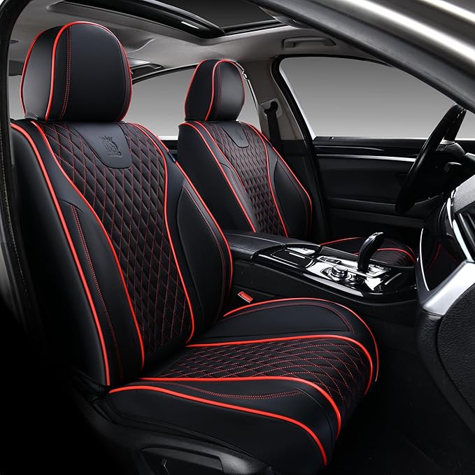 Doogo SeatCovers Full Set, Leather SeatCovers, Waterproof 5 Seats Black and Red Driver SeatCovers, Car Seat Protector Accessories Fit for Most Vehicles