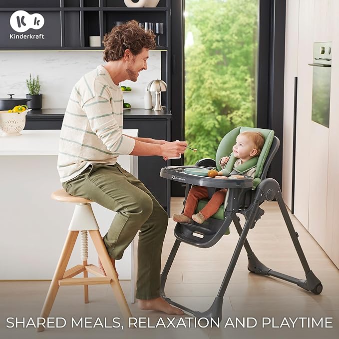 Kinderkraft Tummie, 2-in-1 high Chair, Baby Chair, Ergonomic, Comfortable, Reclining, Foldable, with Ajustable Height, Footrest, Detachable Tray, for Toddler, with Toys, Gray