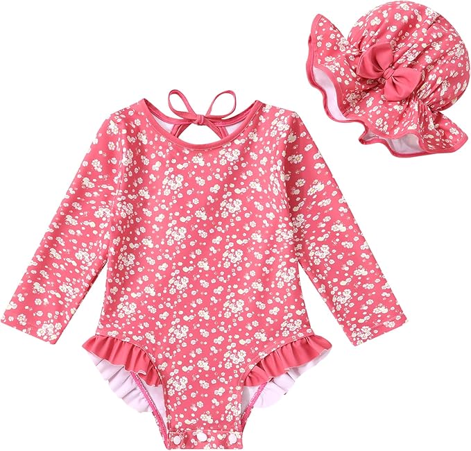 YOUNGER TREE Infant Baby Girls Swimsuit Long Sleeve Swimsuits One Piece Swimsuit Solid Color Bathing Suit with Hat, UPF 50+