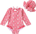 YOUNGER TREE Infant Baby Girls Swimsuit Long Sleeve Swimsuits One Piece Swimsuit Solid Color Bathing Suit with Hat, UPF 50+