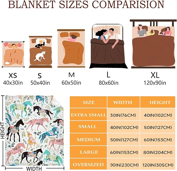 Colorful Floral Horse Blanket for Teen Flowers Animals Throw Blanket Gifts for Girls Boys Soft Throws Blankets All Seasons 50×60 Inches for Bed Office
