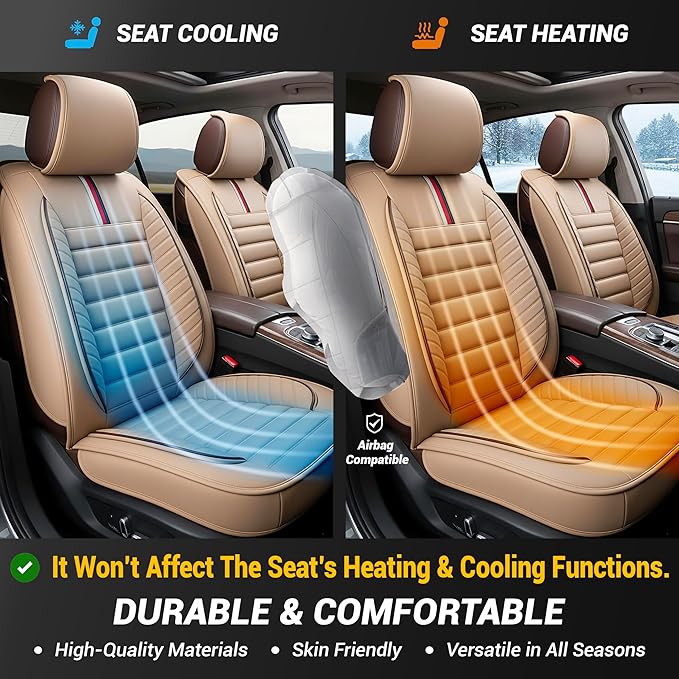 OASIS AUTO Car Seat Covers Premium Waterproof Faux Leather Cushion Universal Accessories Fit SUV Truck Sedan Automotive Vehicle Auto Interior Protector Front Pair (OS-001 Tan)