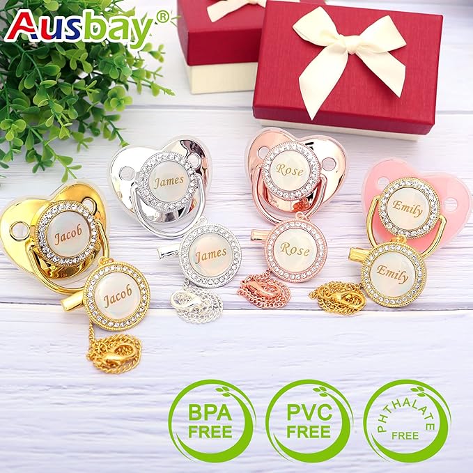 Personalized Pacifier Set with Name, BPA Free, Bling Gold Silver Pink Rose Gold Luxurious Ideal Gift for Newborns (Pink)