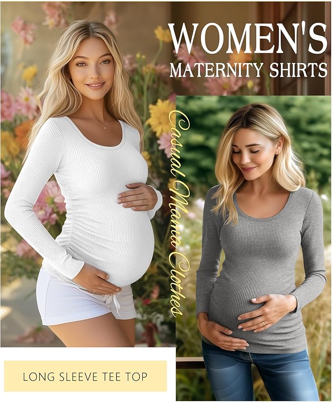 Riyiper 4 Pack Women's Maternity Shirts, Long Sleeve Cotton Ribbed Pregnancy Tee Top Crewneck Side Ruched Casual Mama Clothes
