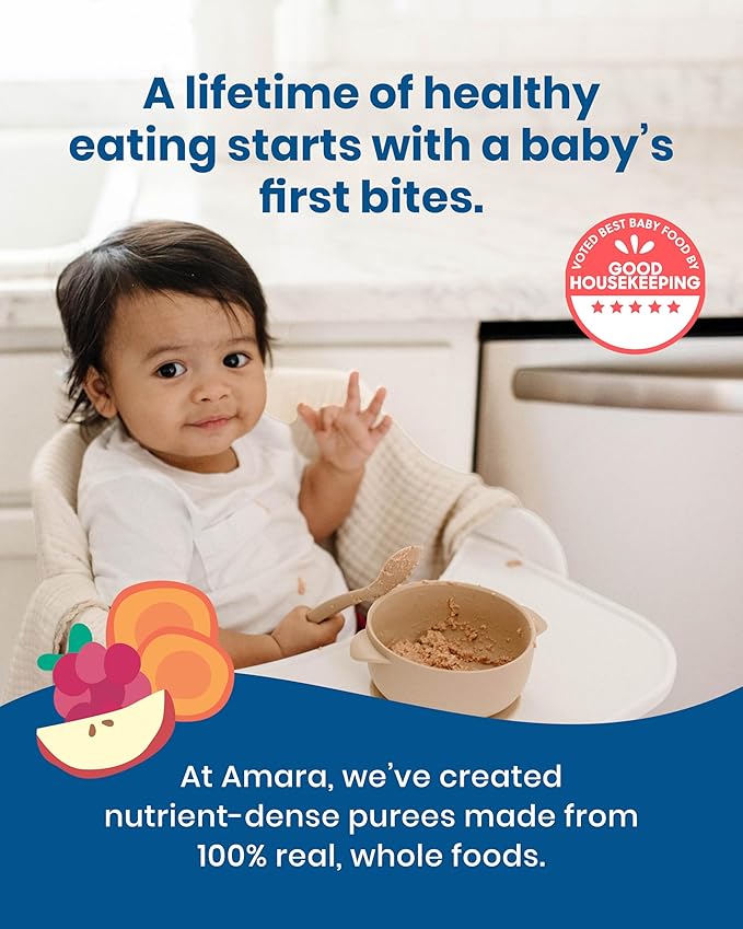 Amara Organic Baby Food | Oats and Berries | Baby Cereal to Mix With Breastmilk, Water, or Baby Formula | Baby Food Pouches, Made from Organic Fruit and Veggies | Stage 2 | 10 Pouches