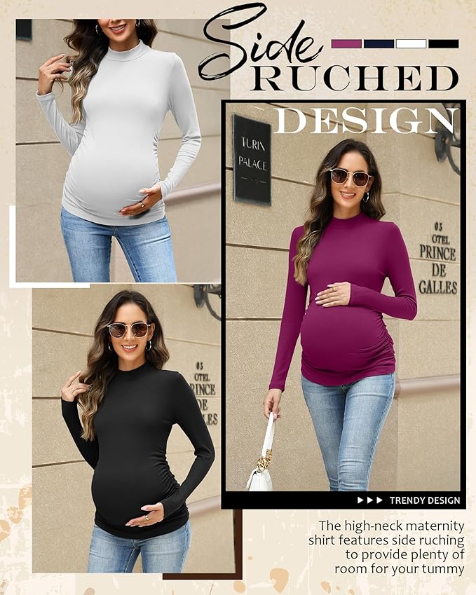 4 Packs Womens Maternity Shirts Long Sleeve Cotton Ribbed Pregnancy Mock Neck Side Ruched Workout Tops for Mama