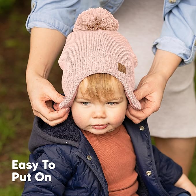 Baby Beanies, Baby Hats for Boys, Girls - Cute Toddler Winter Hat, Soft & Stretchy Beanies for Infant, Newborn 6-36 Months, Cozy & Warm with Earflap Muff & Pom (Blush)