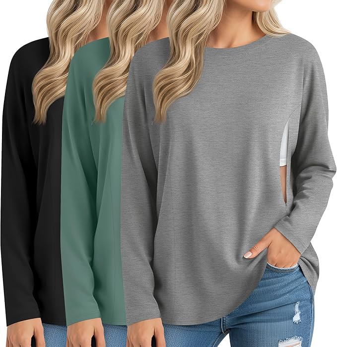 3 Pack Women's Nursing Breastfeeding Tops, Long Sleeve Maternity Shirts Oversize Hidden Zipper Pregnancy Clothes