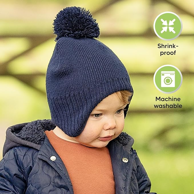 Baby Beanies, Baby Hats for Boys, Girls - Cute Toddler Winter Hat, Soft & Stretchy Beanies for Infant, Newborn 0-6 Months, Cozy & Warm with Earflap Muff & Pom (Navy, S)
