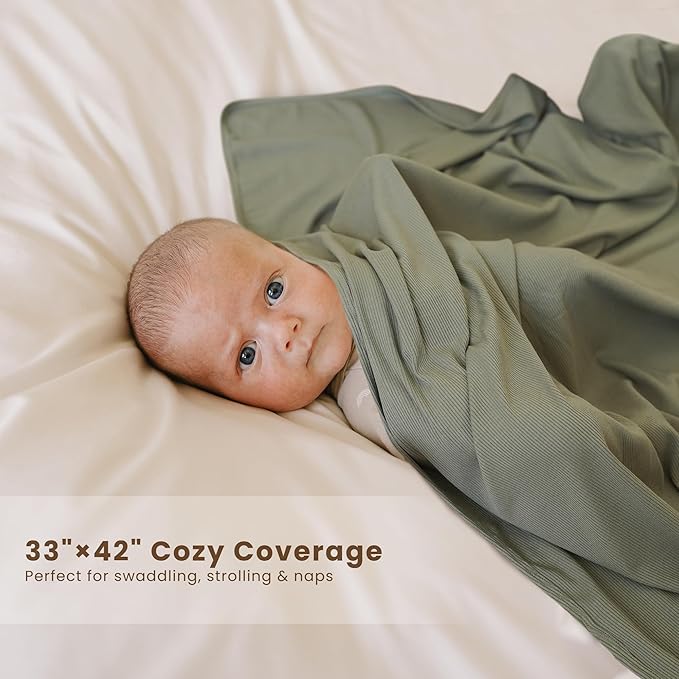 Konssy Knit Baby Blanket 2 Pack, Soft Ribbed Swaddle Receiving Blankets for Boys & Girls, Lightweight Cozy Swaddling Wrap for Newborns, Infants, & Toddlers, 33x42 Inch (Beige, Sage)