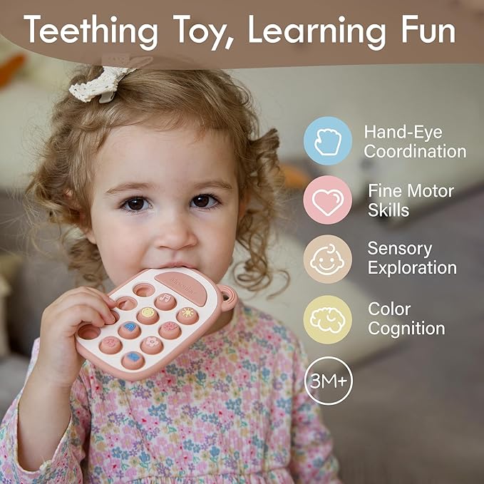 Moonkie Silicone Press Phone Teething Toy for Baby 3 Months+ | Soft BPA-Free Teether with Icon & Number Pop Bubbles | Ideal Gift for Baby Girls