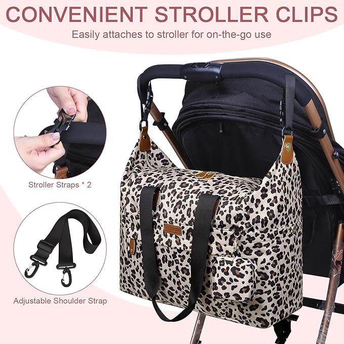 Pritent Diaper Bag Tote - Diaper Baby Bags with Pacifier Case, Shoulder Straps, Stroller Clips, Waterproof Large Mommy Maternity Travel Baby Bag for Mom and Dad, Leopard Print