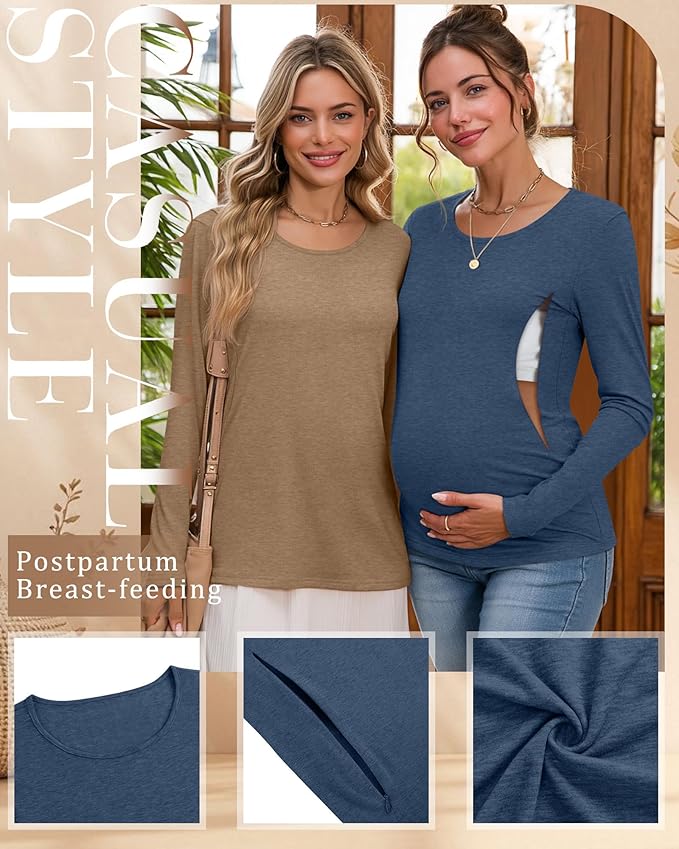 4 Pack Women's Cotton Nursing Tops, Breastfeeding Maternity with Hidden Zippers Crew Neck Long Sleeve Pregnancy Shirts