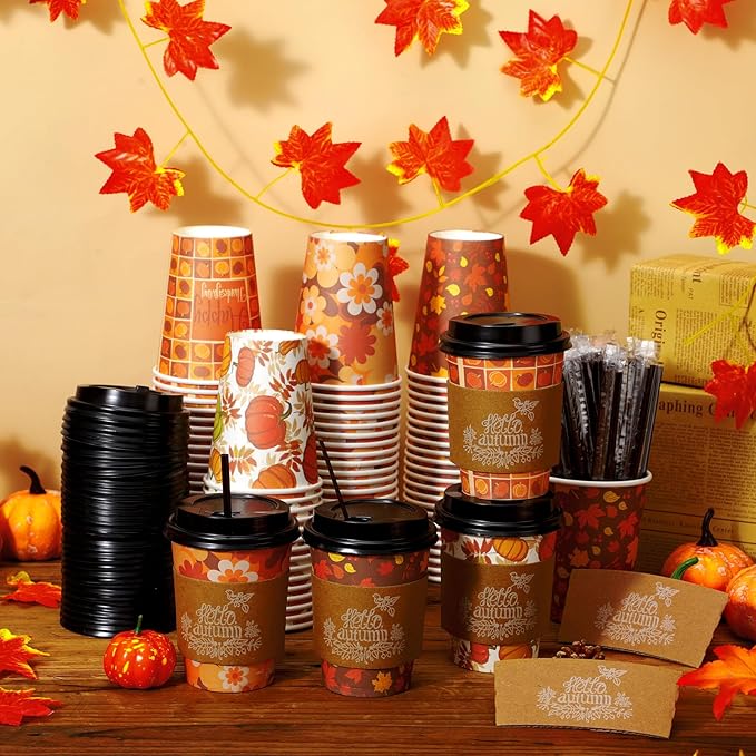 Lallisa 100 Sets Fall Thanksgiving Coffee Cup Bulk with Lid Disposable 12 oz Fall Hot Cups Paper and Sleeves Straws, Autumn Drinking Supplies for Holiday Party(Classic Style)