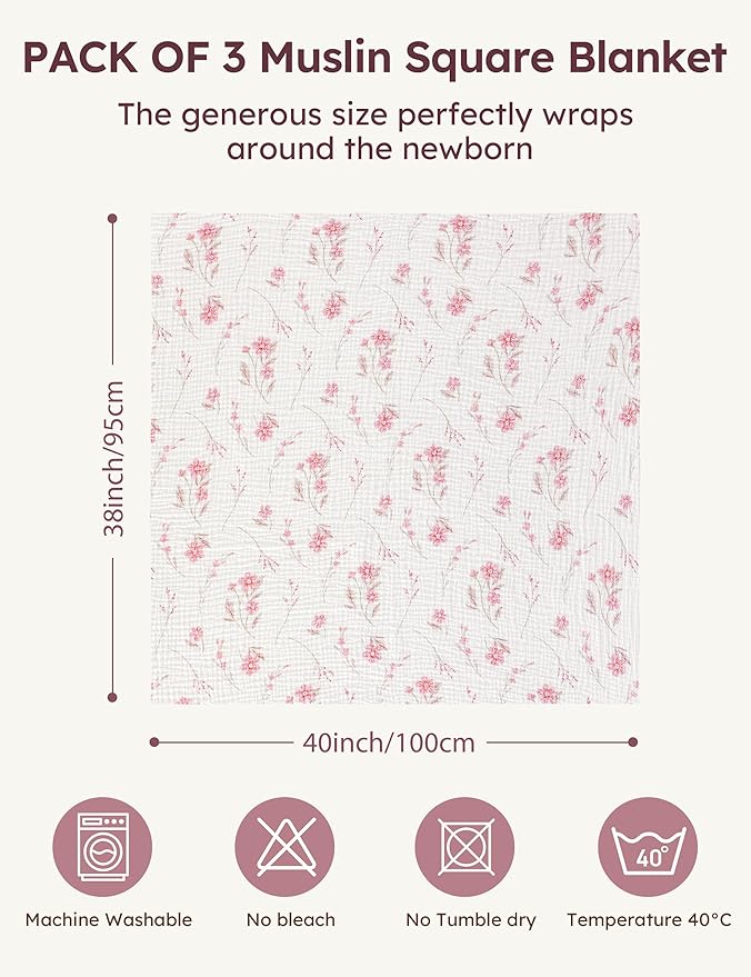 Unnivoll Muslin Swaddle Blankets for Newborns, 100% Cotton Receiving Blankets, Large 38 x 40 inches Baby Swaddle Blanket for Baby Boys and Girls, Soft Breathable Infant Baby Essentials 3 Pack Pink