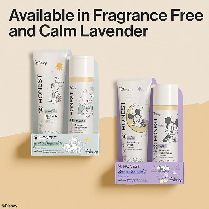 The Honest Company 2-in-1 Cleansing Shampoo + Body Wash and Face + Body Lotion Bundle + Disney Design | Gentle for Baby | Dermatologist Tested | Sensitive Fragrance Free, 18.5 fl oz