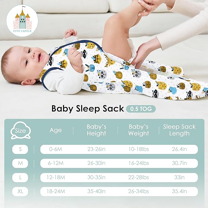 Cute Castle Baby Sleep Sack 6-12 Months - Lightweight 100% Cotton 2-Way Zipper TOG 0.5 Infant Wearable Blanket, Newborn Essentials Toddler Sleep Clothes, 3 Pack(Blue, Balloons, Animals)
