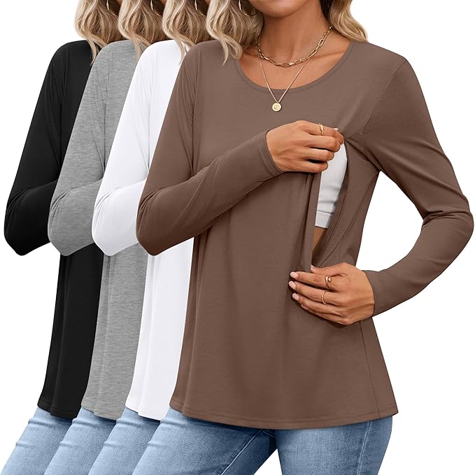 4 Pack Women's Cotton Nursing Tops, Breastfeeding Maternity with Hidden Zippers Crew Neck Long Sleeve Pregnancy Shirts