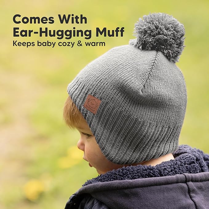 Baby Beanies, Baby Hats for Boys, Girls - Cute Toddler Winter Hat, Soft & Stretchy Beanies for Infant, Newborn 0-6 Months, Cozy & Warm with Earflap Muff & Pom (Gray, S)