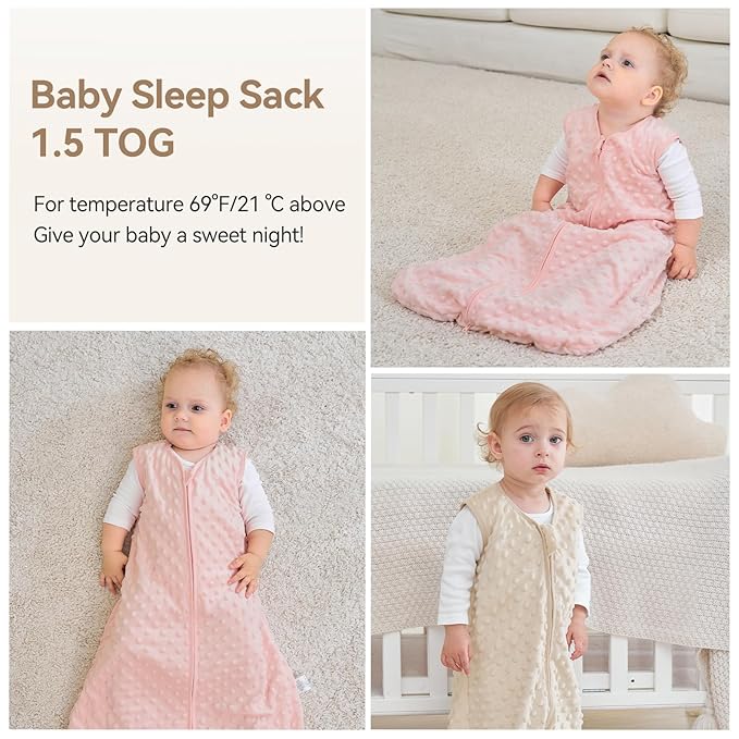 Fleece Baby Sleep Sack 12-18 Months with Plush Dots 1.5 Tog Baby Wearable Blanket with 2-Way Zipper Warm Sleeping Sack for Toddler Infant - Large, Apricot & Pink
