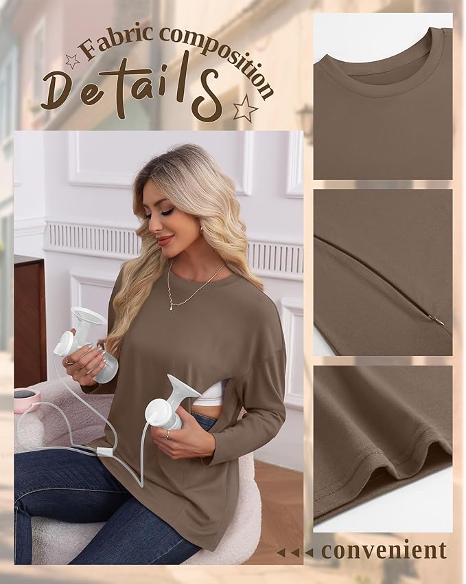 3 Pack Women's Nursing Breastfeeding Tops, Long Sleeve Maternity Shirts Oversize Hidden Zipper Pregnancy Clothes
