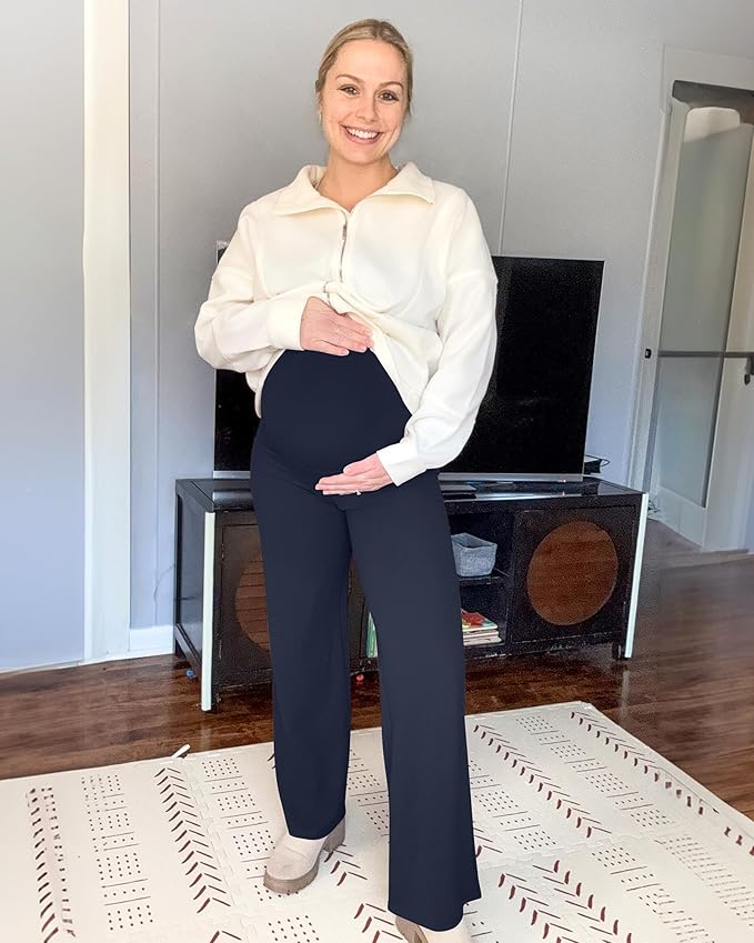 G4Free BareFeel Maternity Dress Yoga Pants Over The Belly Stretchy Work Slack Pregnancy Wide Leg Lounge Trousers