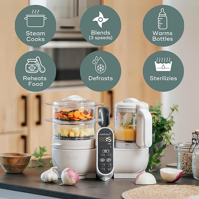 Babymoov Duo Meal Station 6 in 1: Multi-Speed Baby Food Maker Steamer and Puree Blender, Baby Food Processor that warms & defrosts (Nutritionist Approved), Mineral Beige