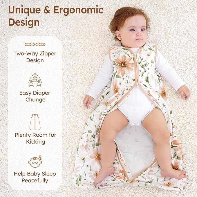 Baby Sleep Sack 18-24 Months 100% Cotton Lightweight 0.5 TOG Wearable Blanket Baby Sleep Bag with 2-Way Zipper for Infant Toddler Orange Flowers