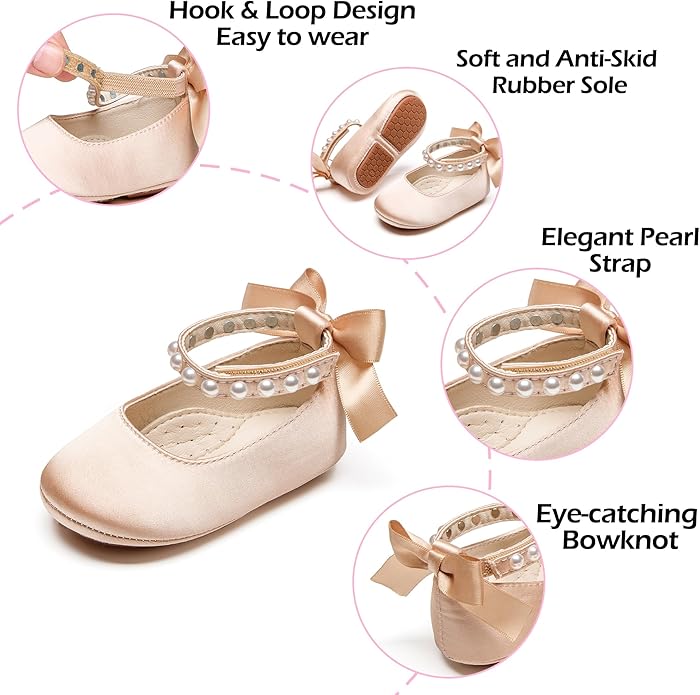 Baby Girls Mary Jane Flats - Infant Newborn Walking Shoes Soft Rubber Sole Princess Wedding
