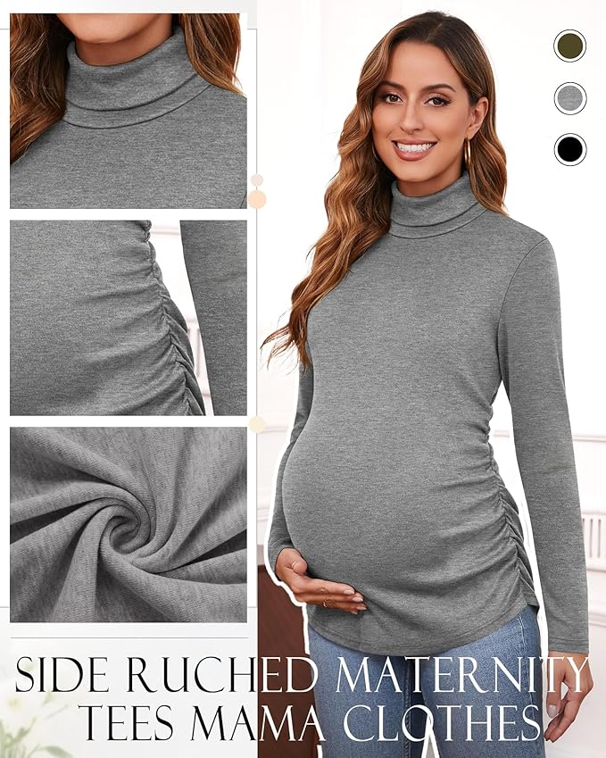Ficerd 3 Pack Women's Maternity Shirts, Turtleneck Long Sleeve Pregnancy Tops Casual Side Ruched Maternity Tees Mama Clothes