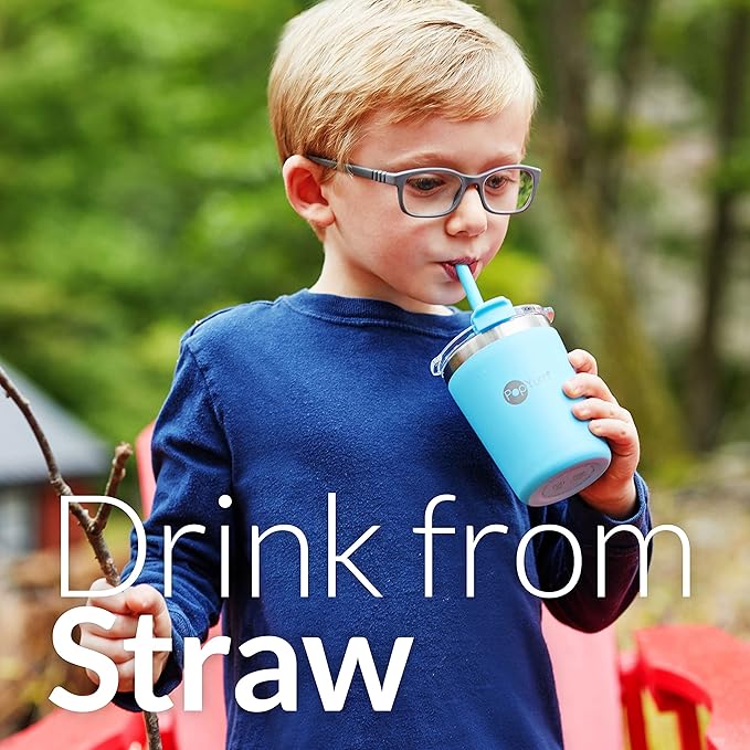 PopYum 9oz Insulated Stainless Steel Kids’ Cups with Lid and Straw, 2-Pack, Blue, Pink, stackable, sippy, baby, child, toddler, tumbler, double wall, vacuum, leak proof