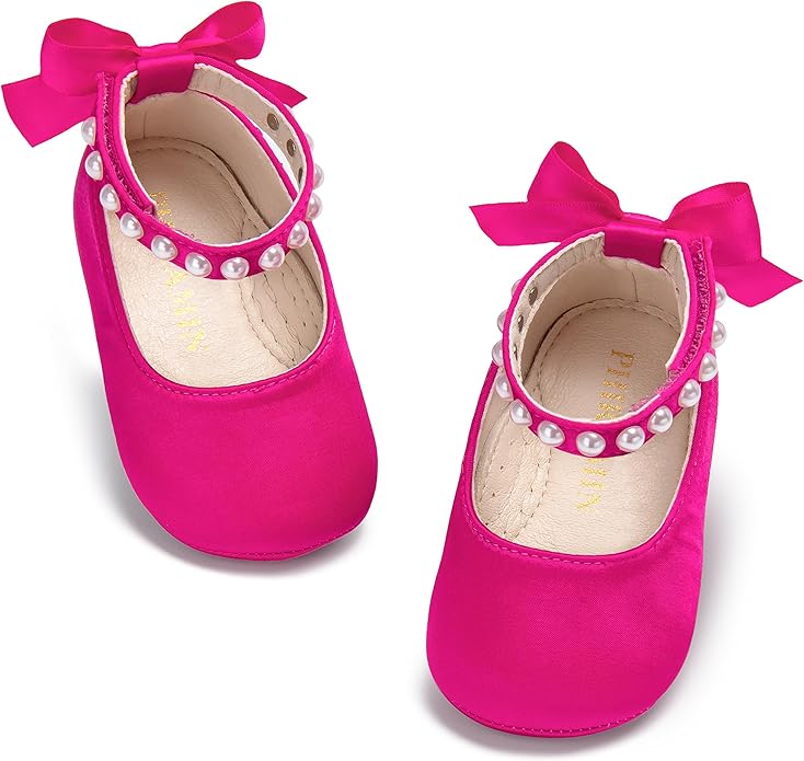 Baby Girls Mary Jane Flats - Infant Newborn Walking Shoes Soft Rubber Sole Princess Wedding