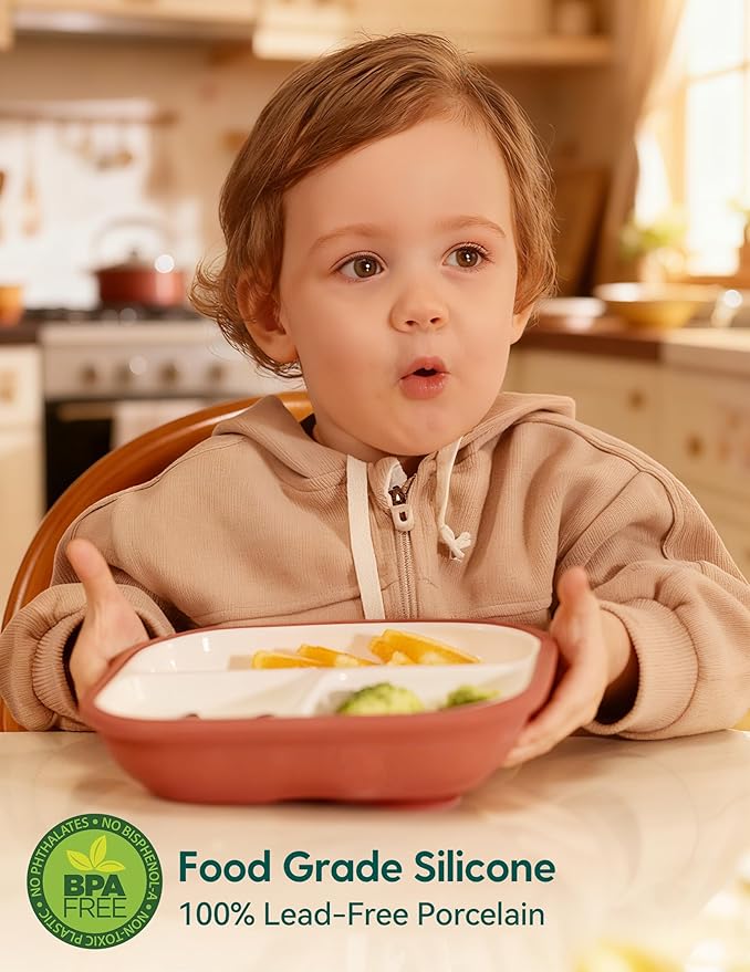 BABELIO 8'' Toddler Porcelain Plates with Silicone Suction Sleeves, Lead & BPA Free, Divided, Microwave & Dishwasher Safe, Stay Put, Suitable for Kids/Babies, Blue
